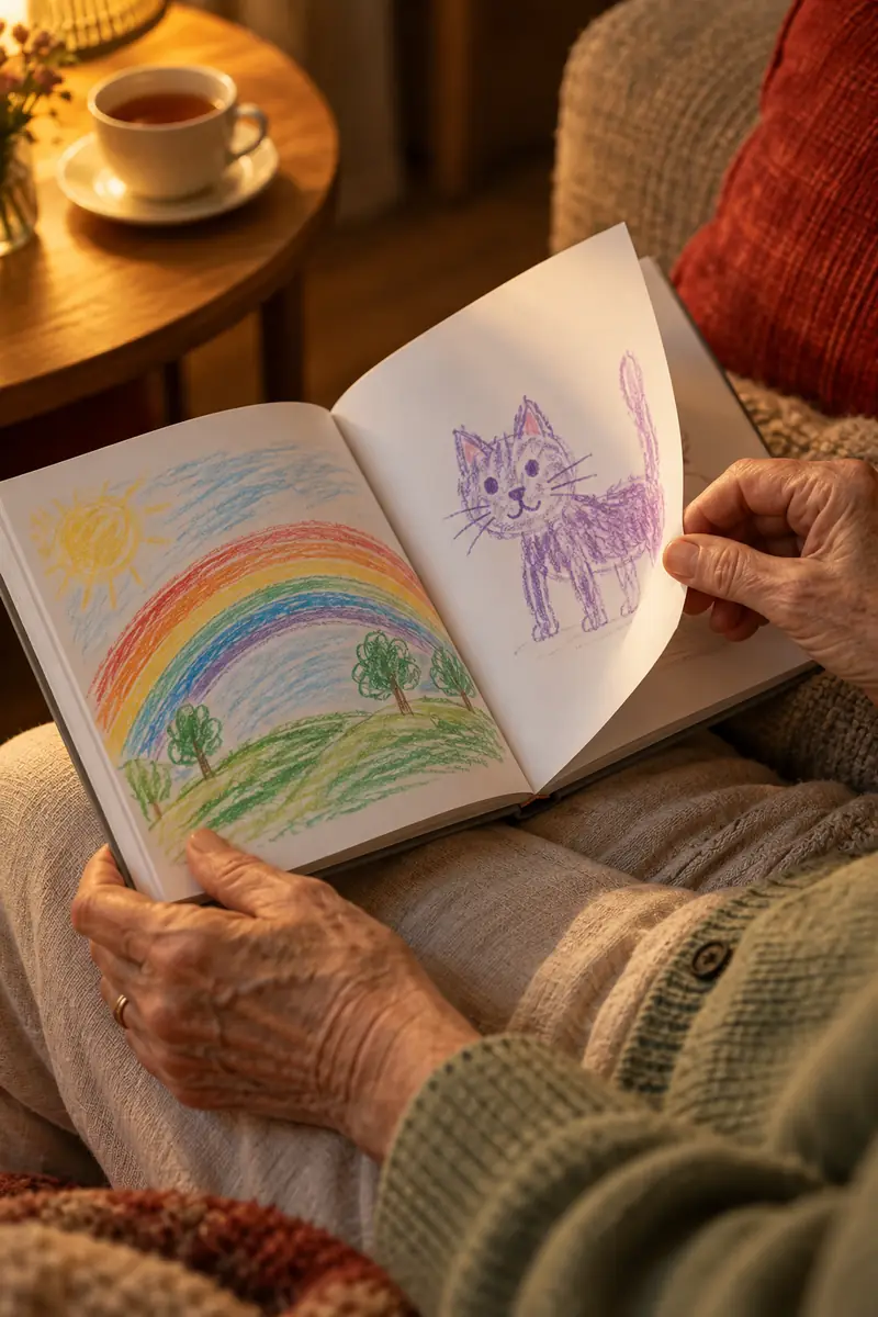 A grandparent's hands turning the pages of a printed square book of a child's drawings.