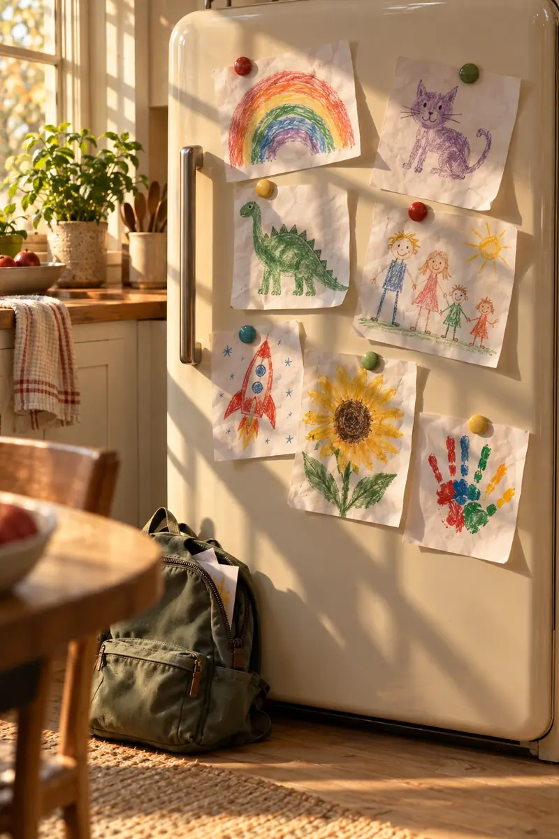 A cream fridge door covered in children's drawings and magnets in warm late-afternoon light.