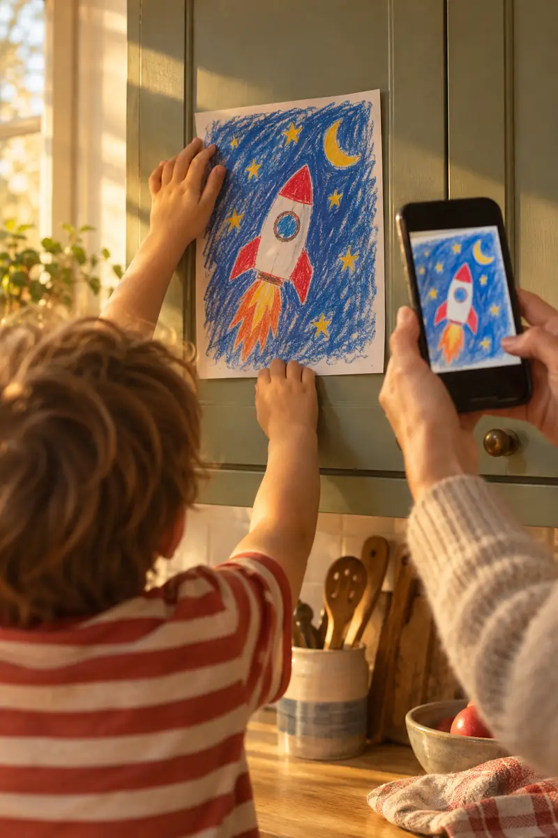 A child, seen from behind and out of focus, holds up a crayon rocket while a parent photographs it with a phone.